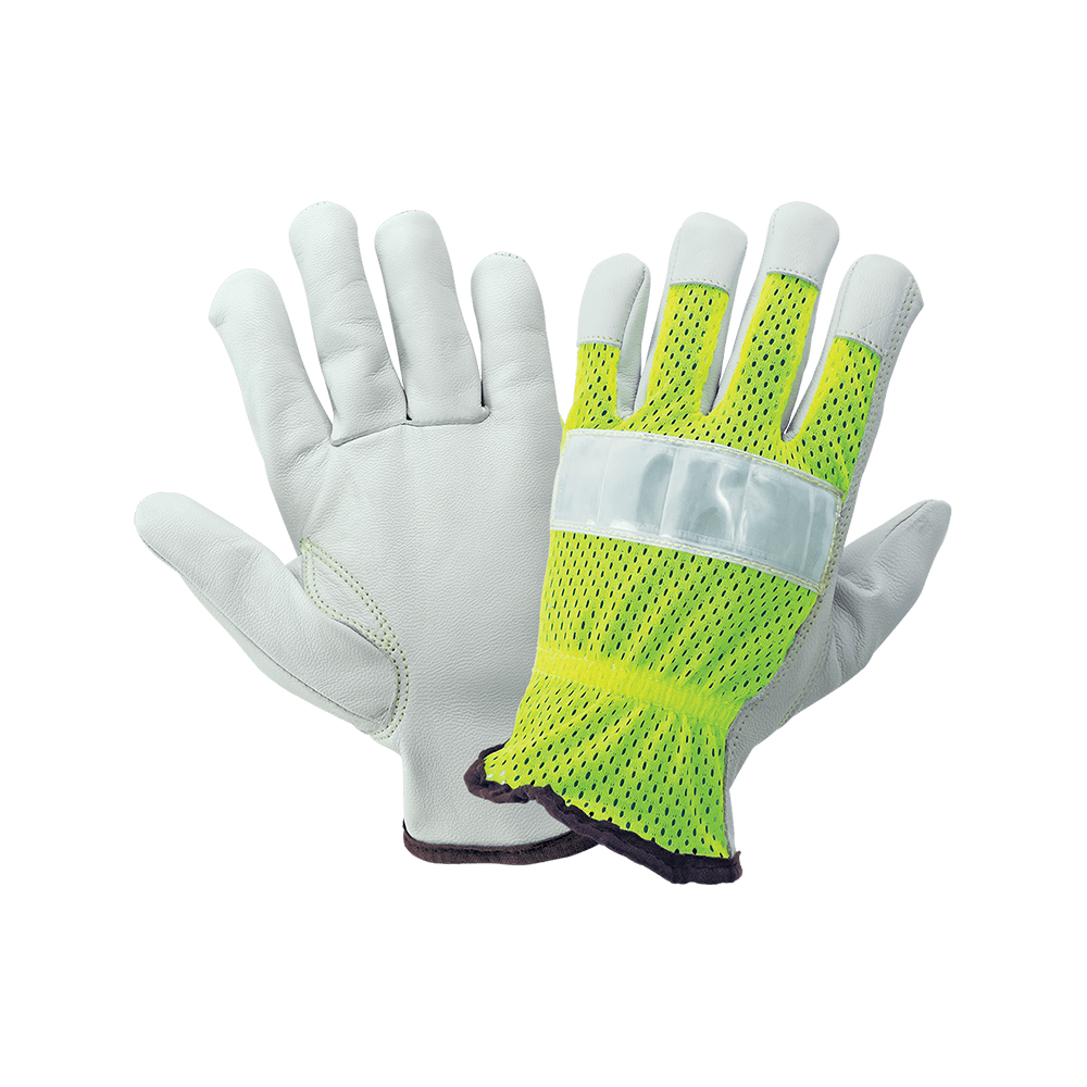Global Glove High-Visibility Mesh Back Premium Goatskin Leather Palm Drivers Style Gloves -XL from Columbia Safety
